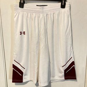 Under Armour youth boys XL / L white, maroon trim 9" inseam athletic gym shorts